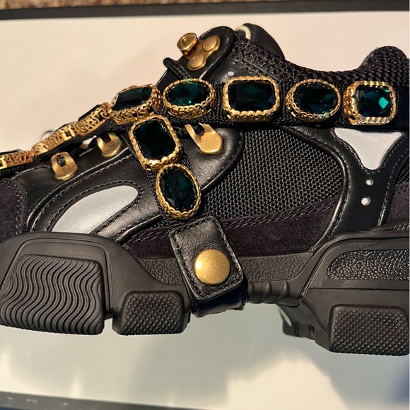 GUCCI Women's Flashtrek Crystals Black Emerald Sneakers - Picture 5 of 13